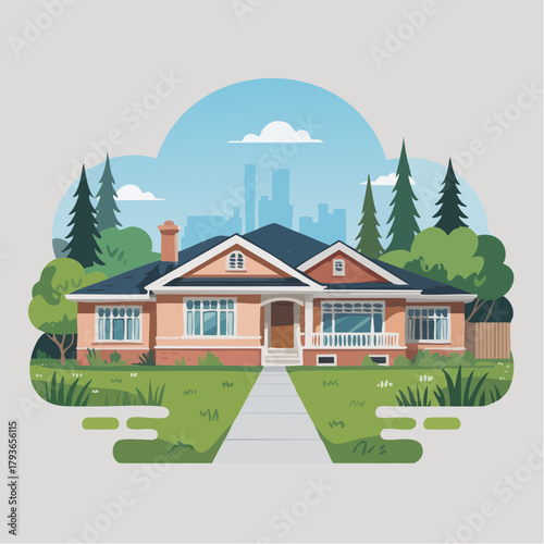 House with Bungalow style architecture - home exterior with front yard 2D vector illustration for real estate