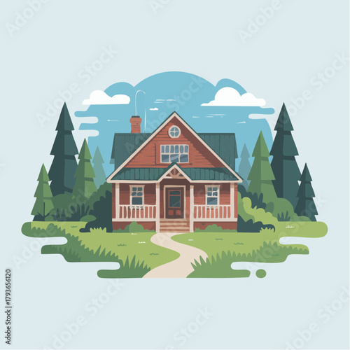 House with Cabin style architecture - home exterior with front yard 2D vector illustration for real estate