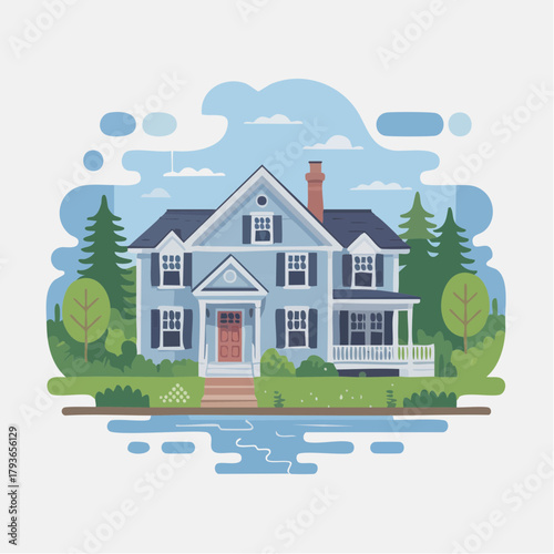 House with Cape Cod style architecture - home exterior with front yard 2D vector illustration for real estate