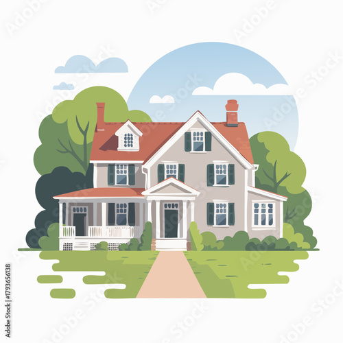 House with Cape Cod style architecture - home exterior with front yard 2D vector illustration for real estate