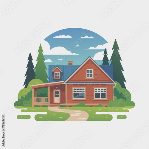 House with Cabin style architecture - home exterior with front yard 2D vector illustration for real estate