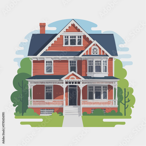 House with Eastlake style architecture - home exterior with front yard 2D vector illustration for real estate