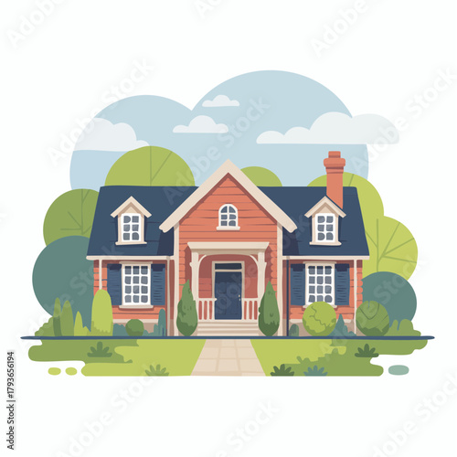 House with Cottage style architecture - home exterior with front yard 2D vector illustration for real estate