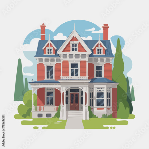 House with Victorian style architecture - home exterior with front yard 2D vector illustration for real estate