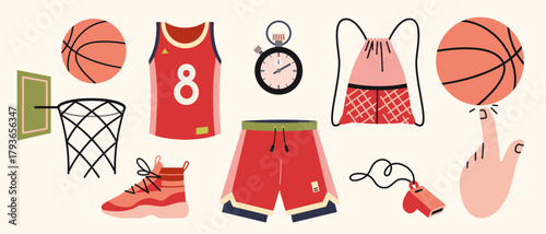 Basketball themed set with jersey, shorts, sneakers, stopwatch, hoop and ball. Trendy modern vector illustration isolated on  background, hand drawn, flat design