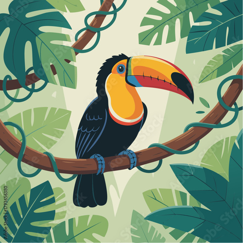 Rainforest scene 2D vector illustration with tropical bird, trees, and vines
