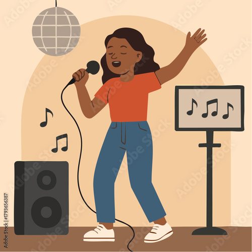 Karaoke concept with woman singing on microphone into karaoke machine with screen