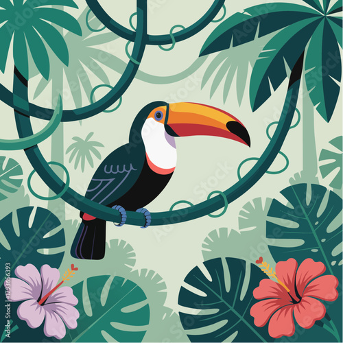 Rainforest scene 2D vector illustration with tropical bird, trees, and vines