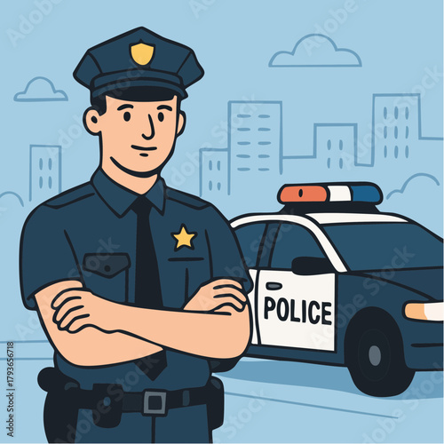 Police and law enforcement 2D vector illustration featuring police officer in uniform