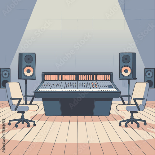 Recording studio interior with production board and recording equipment