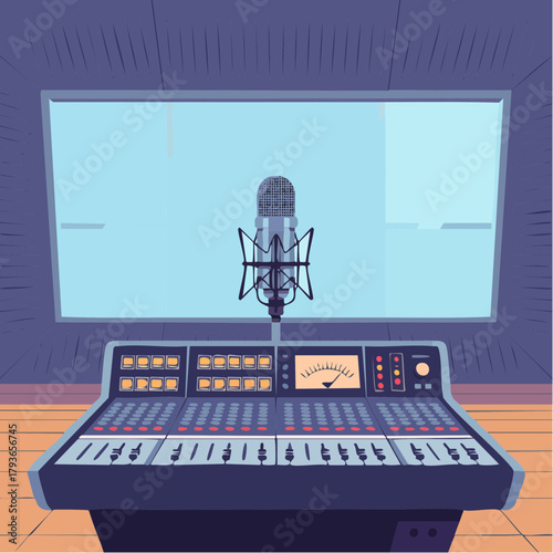 Recording studio interior with production board and recording equipment