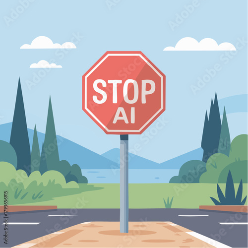 Red octagon stop sign with "Stop AI" - 2D illustration vector