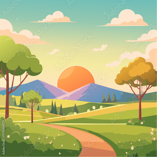 Spring equinox concept with sunny afternoon landscape and rolling hills