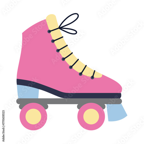Pink Quad roller skates with colorful wheels, retro summer leisure concept. Modern vector illustration isolated on white background, hand drawn, flat design