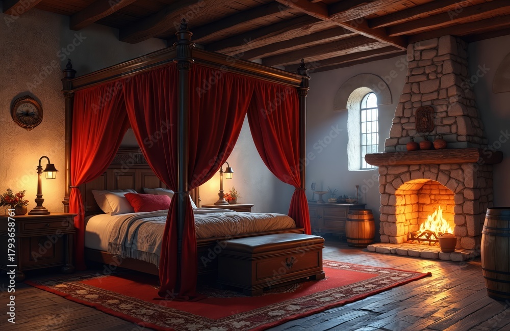 Naklejka premium Medieval bedroom features four-poster bed draped in red velvet curtains. Stone fireplace crackles with warm flames, casting glow on rustic wooden interior, floor. Authentic antique furniture, decor