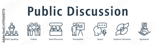 Public Discussion web banner icon vector illustration concept with icon of public speaking, debate, panel discussion, presentation, speech, audience interaction, and agreement.