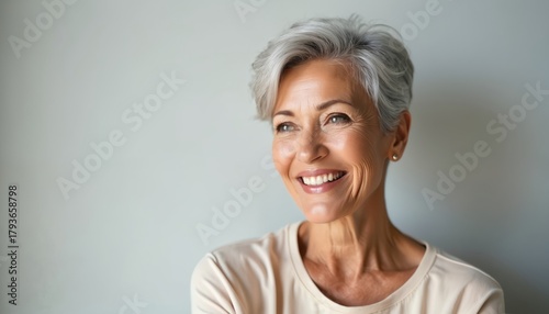 Attractive mature woman with grey hair smiles looking sideways. Female demonstrates natural beauty. Middle aged model shows wellness, healthcare, skincare, positive ageing concept. Beauty portrait of
