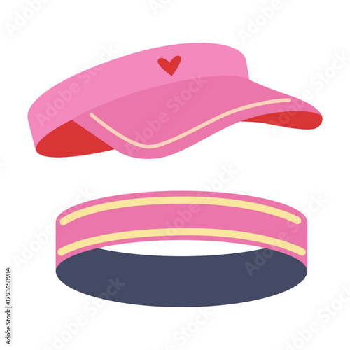 Pink sports visor and elastic headband set for workout, running, and outdoor training. Trendy modern vector illustration isolated on white background, hand drawn, flat design