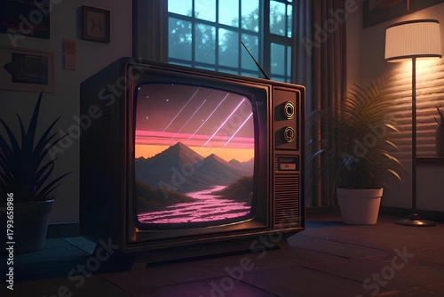 Retro television displaying a vibrant neon mountain landscape scene