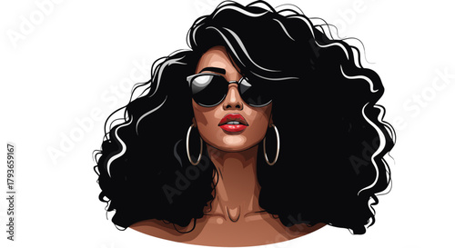 Stylish black woman with sunglasses and curly hair in portrait. Woman with glossy hair and sunglasses