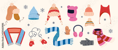 Set of winter clothes and accessories such as hats, scarves, gloves, and earmuffs. Warm outfit and cold season concept. Trendy modern vector isolated illustration, hand drawn, flat design