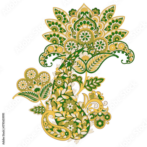 Isolated Paisley pattern in indian batik style. Floral vector illustration