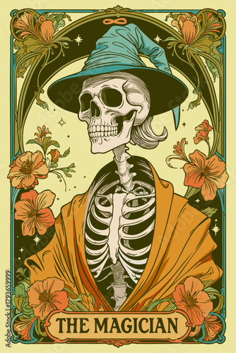 The magician. Tarot card in art nouveau style. Skeleton wearing hat. Vector bright illustration