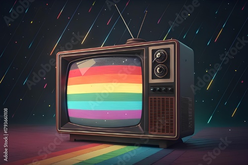 Vintage television displaying a vibrant rainbow spectrum on screen