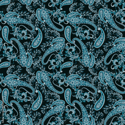 Floral seamless pattern with paisley ornament. Vector illustration in asian textile style