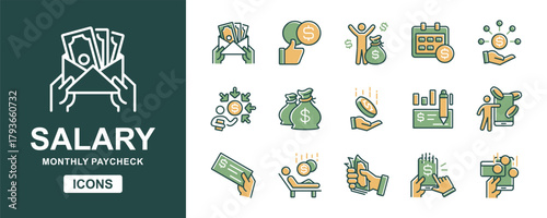 Success monthly paycheck salary icon set. Financial earning work payment, passive income, money dollar, pension investment, commission gain revenue signs vector illustration