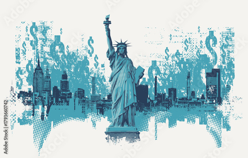 Vector banner or card with famous American Statue of Liberty on dollar signs background. Decorative illustration of USA landmark. Travel, business and finance. T-shirt. No ai