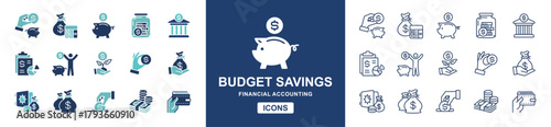 Finance budget savings icon line set. Money banking, accounting, piggy bank, hand holding money, income, billfold, currency, business asset investment signs vector illustration