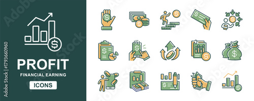 Money profit growth icon set. Financial income success achievement, earning chart performance, dollar bag, payment, billfold, coin, sales gain increase signs vector illustration