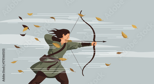 Focused Archer Aiming Bow and Arrow in Windy Autumn Landscape Illustration