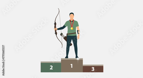 Archer standing on podium with bow and arrow gold medal winning archery champion illustration