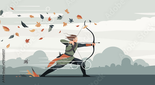 Archer Shooting Arrow with Autumn Leaves Illustration