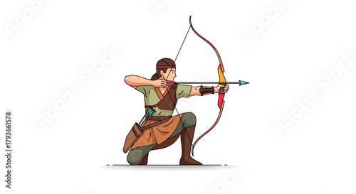 Female Archer with Bow and Arrow Aiming at Target Isolated Vector Illustration