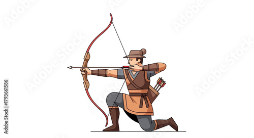 Archer Ready to Shoot Vector Illustration of Bow and Arrow in Action