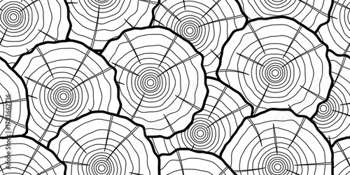 Seamless pattern of wood log slices with growth rings and cracks