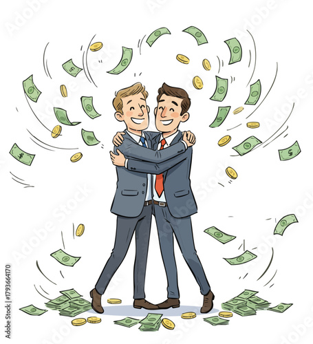 Big payday, partners in prosperity. Celebrating the deal, business success concept vector illustration. Raining money,  flying banknotes, big win. Two hugging happy businessmen, investment brokers