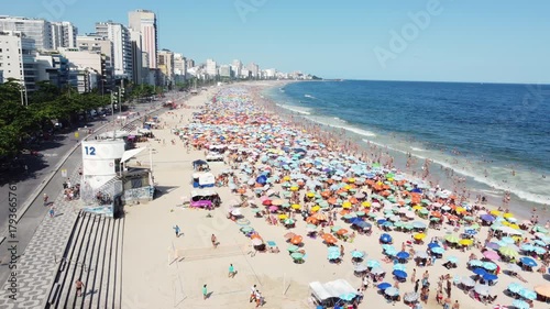 Drone footage showcase Ipanema beach, an iconic sandy beach located in Rio de Janeiro, Brazil