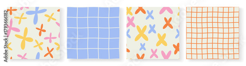 Set of bright modern complementary seamless patterns with floral graphical elements and checkered print. You can use it as a background, wallpaper, gift paper, for fabrics, etc.