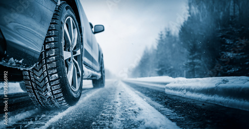 Winter tires on a road summer wheel off. Change a car seasonal tyre summer forest road with trees background. Change for winter tire. Banner. Or Background automechanic