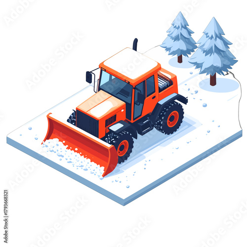 Orange Snow Plow Vehicle Clearing Snowy Road with Pine Trees in Winter Landscape