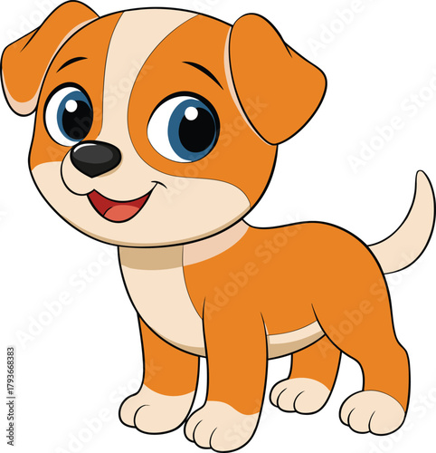 Cute cartoon puppy character with orange and white fur smiling happily