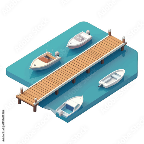 Isometric Wooden Dock With Four Small Boats Moored In Teal Water During Daytime