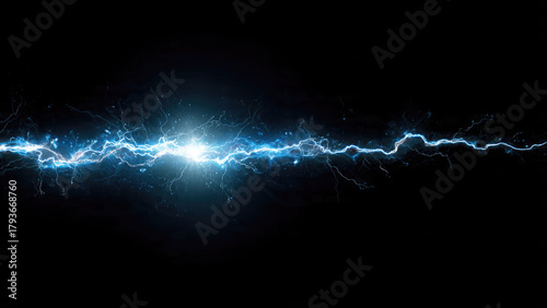 A vivid blue electric lightning bolt or plasma arc horizontally cuts across a dark background, showcasing intense power and energy discharge.