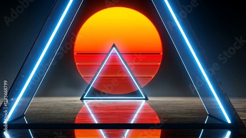 Neon Lights and Geometric Shapes: Vibrant Sunset Triangle Symmetry in Abstract Digital Art with Reflections and Minimal Design