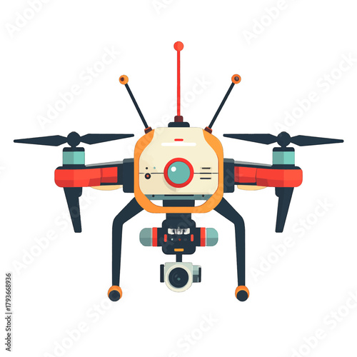 Advanced Quadcopter Drone With Gimbal Mounted Camera And Multiple Antennas In White Background With Red Orange And Blue Accents Detailed Pixel Art Illustration