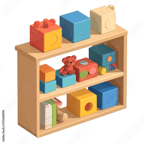 Wooden Toy Shelf Filled With Colorful Building Blocks A Teddy Bear And Books In A Brightly Lit Room